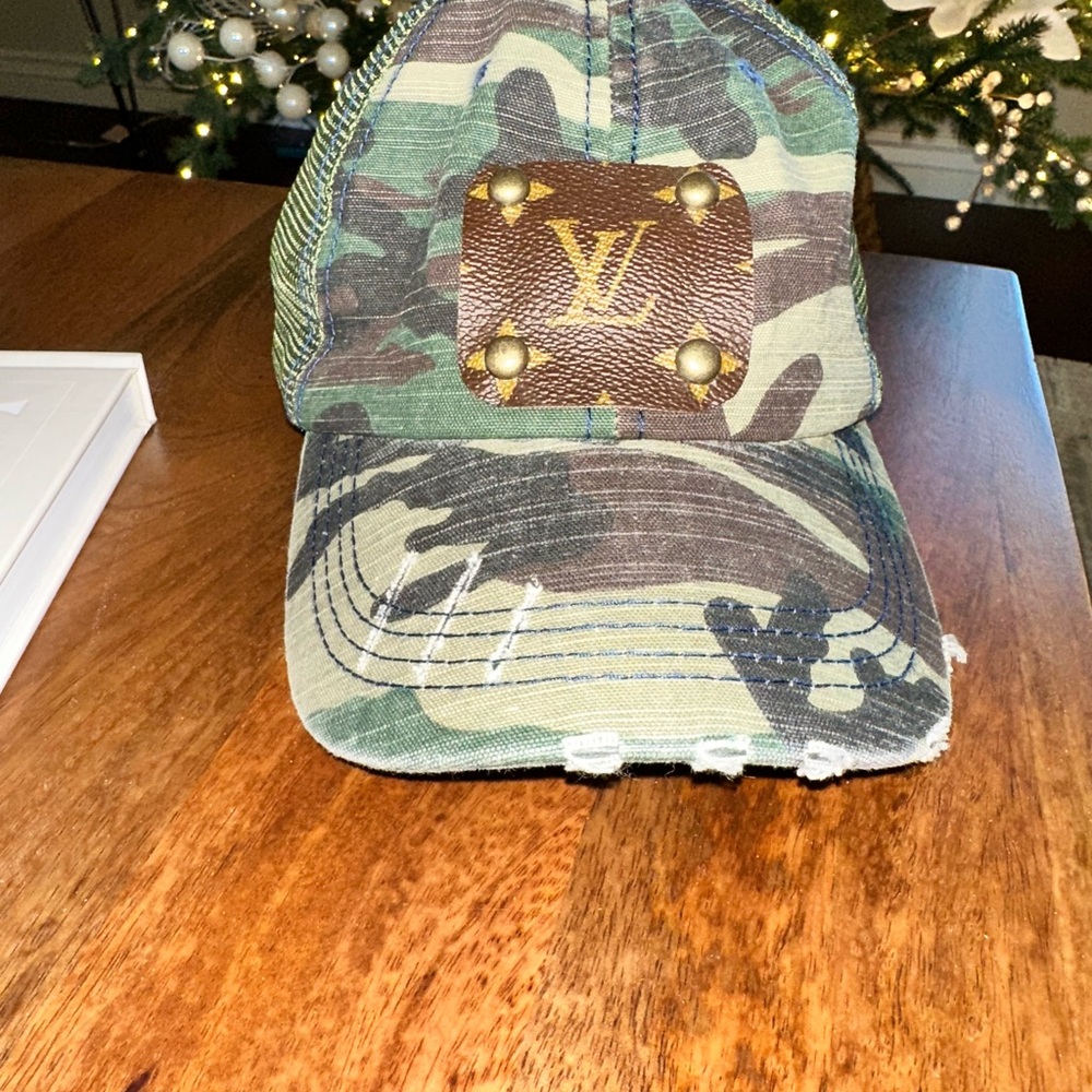 Upcycled Camo Trucker Hat with LV Leather Patch - Picture 2 of 4